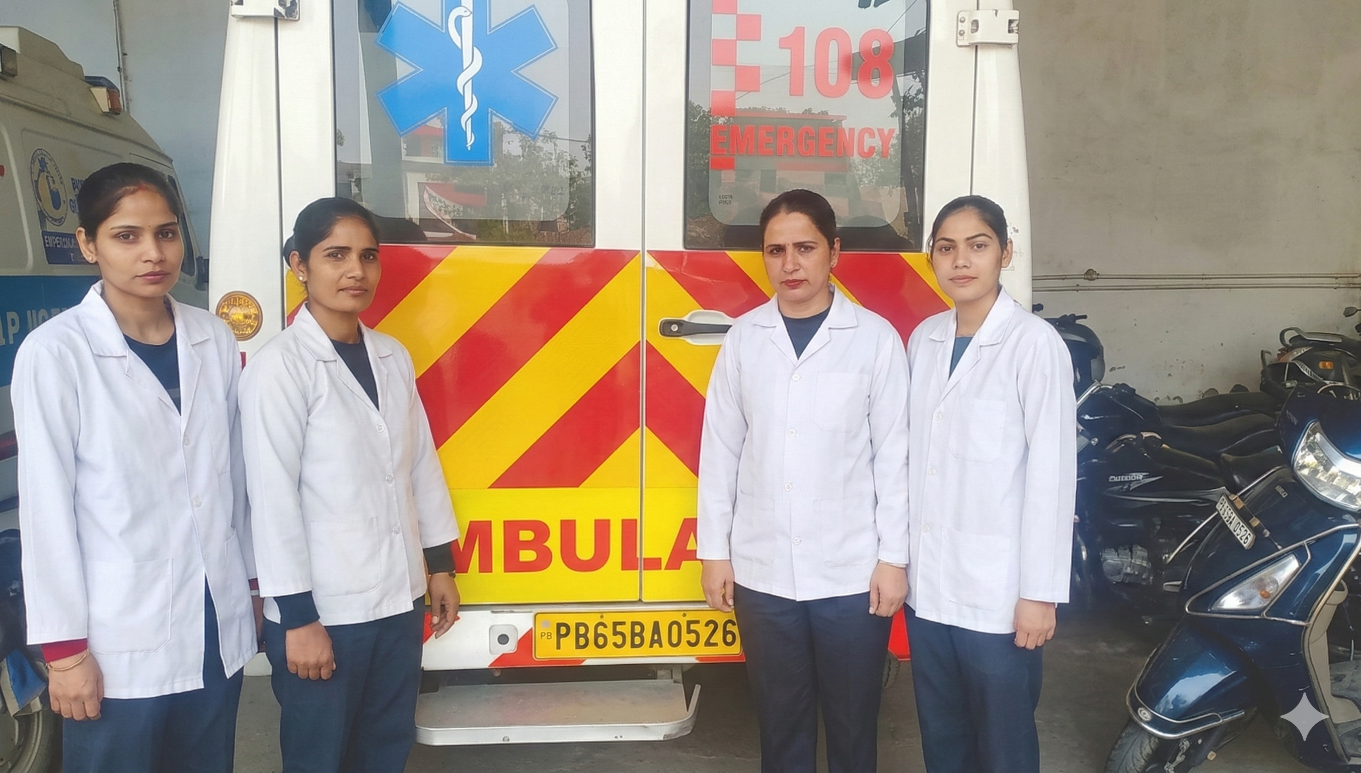 Students standing by Ambulance